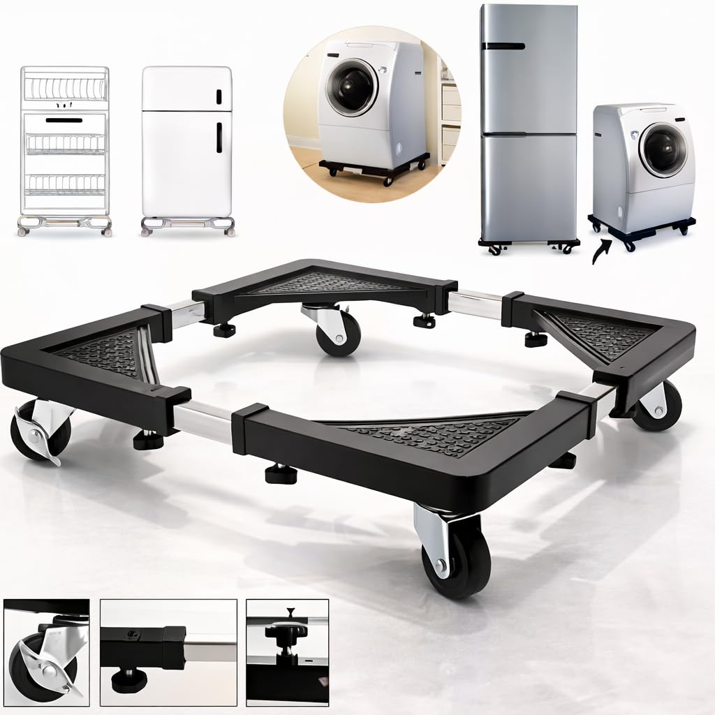 DecorTwist Washing Machine Stand with Wheels | Adjustable Fridge Stand Double Door | Anti Vibration Trolley for 6kg 7kg 8kg Machines | Heavy Duty Movable Cooler Stand | Lockable Wheels | (Black)
