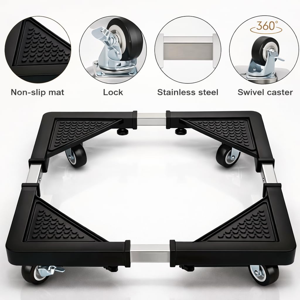 DecorTwist Washing Machine Stand with Wheels | Adjustable Fridge Stand Double Door | Anti Vibration Trolley for 6kg 7kg 8kg Machines | Heavy Duty Movable Cooler Stand | Lockable Wheels | (Black)