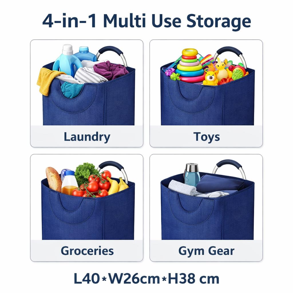 DecorTwist Structured Laundry Basket with Metal Handles | Large Fabric Laundry Carry Basket for Clothes, Toys & Storage (Blue | Metal Handle)