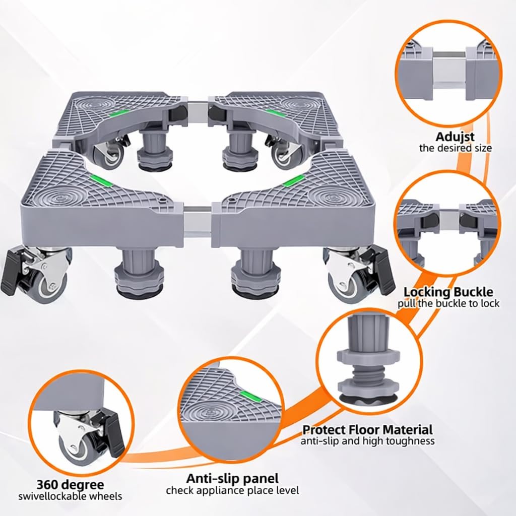 DecorTwist Washing Machine Stand with Wheels | Adjustable Fridge Stand Double Door | Anti Vibration Trolley for 6kg 7kg 8kg 10kg Machines | Heavy Duty Movable Cooler Stand | Lockable Wheels