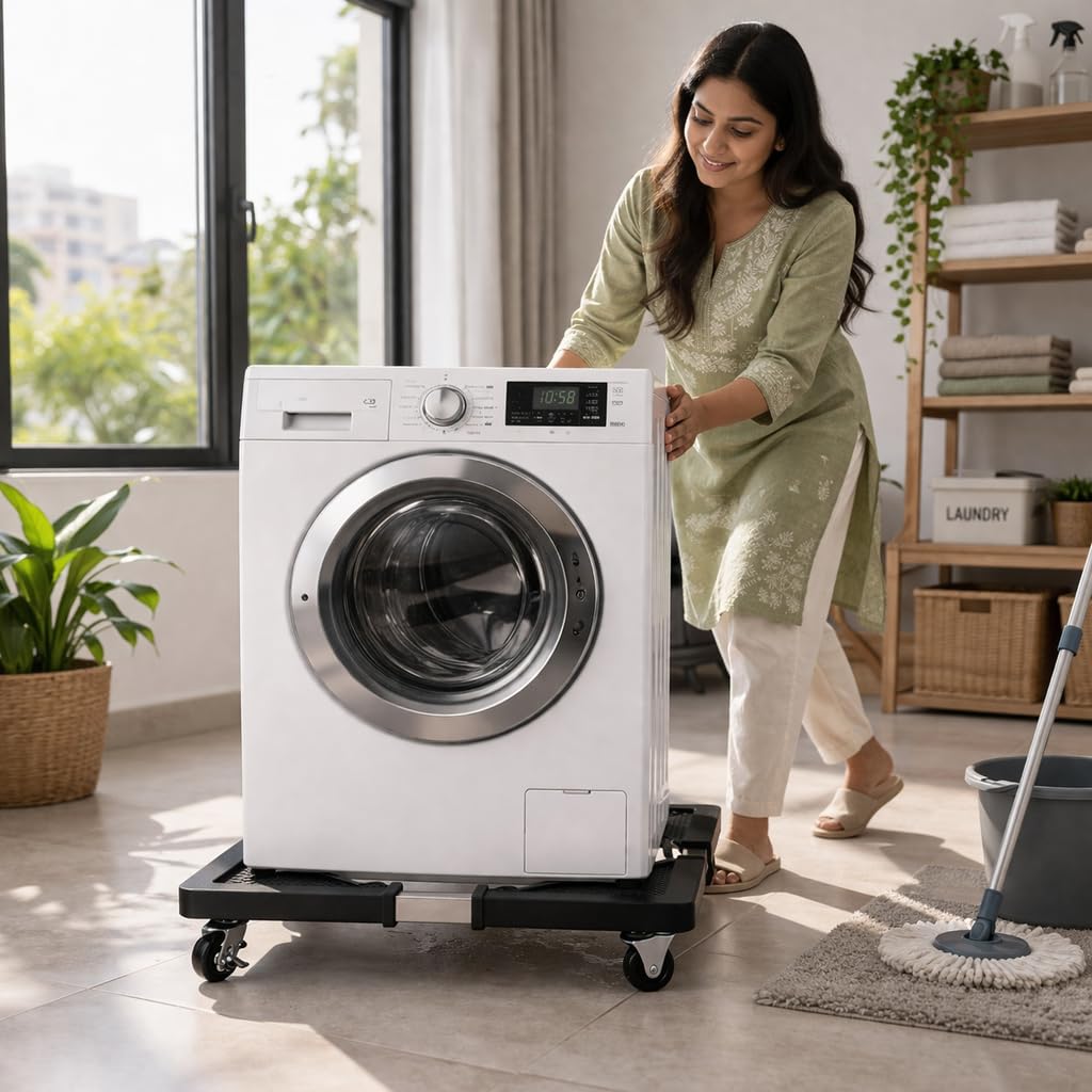 DecorTwist Washing Machine Stand with Wheels | Adjustable Fridge Stand Double Door | Anti Vibration Trolley for 6kg 7kg 8kg Machines | Heavy Duty Movable Cooler Stand | Lockable Wheels | (Black)