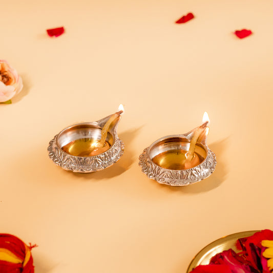 Medium Size Set Of 2 Kuber Brass Aarti Diya for Home,Temples, Festive Gifts