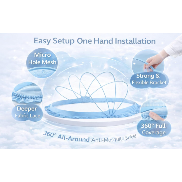 DecorTwist® Baby Mosquito Net Bottomless, Travel-Friendly, Foldable & Washable Safe Sleep Protection for Infants (0–24 Months) & Toddlers | 135×65×65 cm