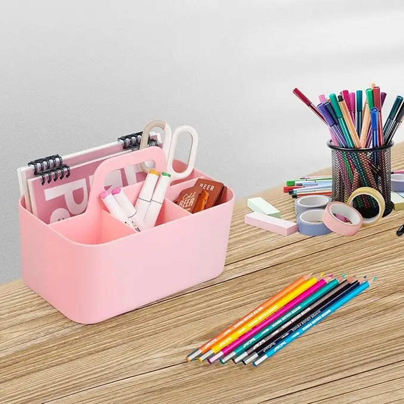 Multi-functional Plastic Desk and Bathroom Organizer 5 Compartments for Cosmetics, Pens, Pencils, and Toothpaste (Pink)