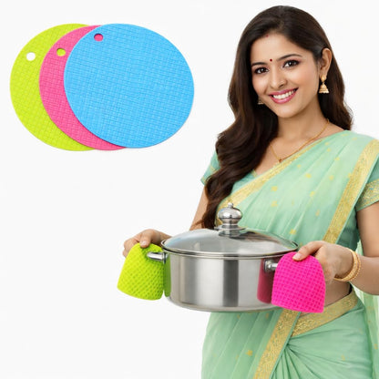 DecorTwist Multipurpose Pot Holder Dining Table Heat Protection Pads| Heat Resistant Anti-Slip Silicone Trivet Mat for Glass Table & Kitchen Countertop ( Round)