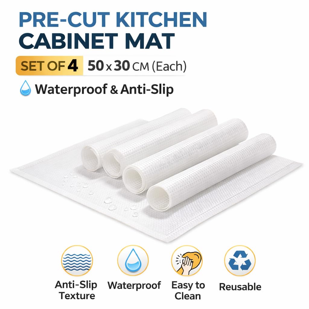 DecorTwist Pre Cut Kitchen Cabinet Mat Set of 4 (50x30 cm) Waterproof Anti Slip Shelf Drawer Liner for Modular Kitchen Fridge Wardrobe Cupboard Storage Protector EVA Ready to Use Reusable White Mats