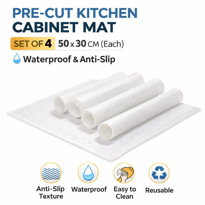 DecorTwist Pre Cut Kitchen Cabinet Mat Set of 4 (50x30 cm) Waterproof Anti Slip Shelf Drawer Liner for Modular Kitchen Fridge Wardrobe Cupboard Storage Protector EVA Ready to Use Reusable White Mats