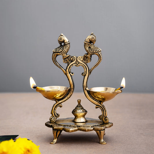 Peacock Design Twin Oil Wick Brass Diya