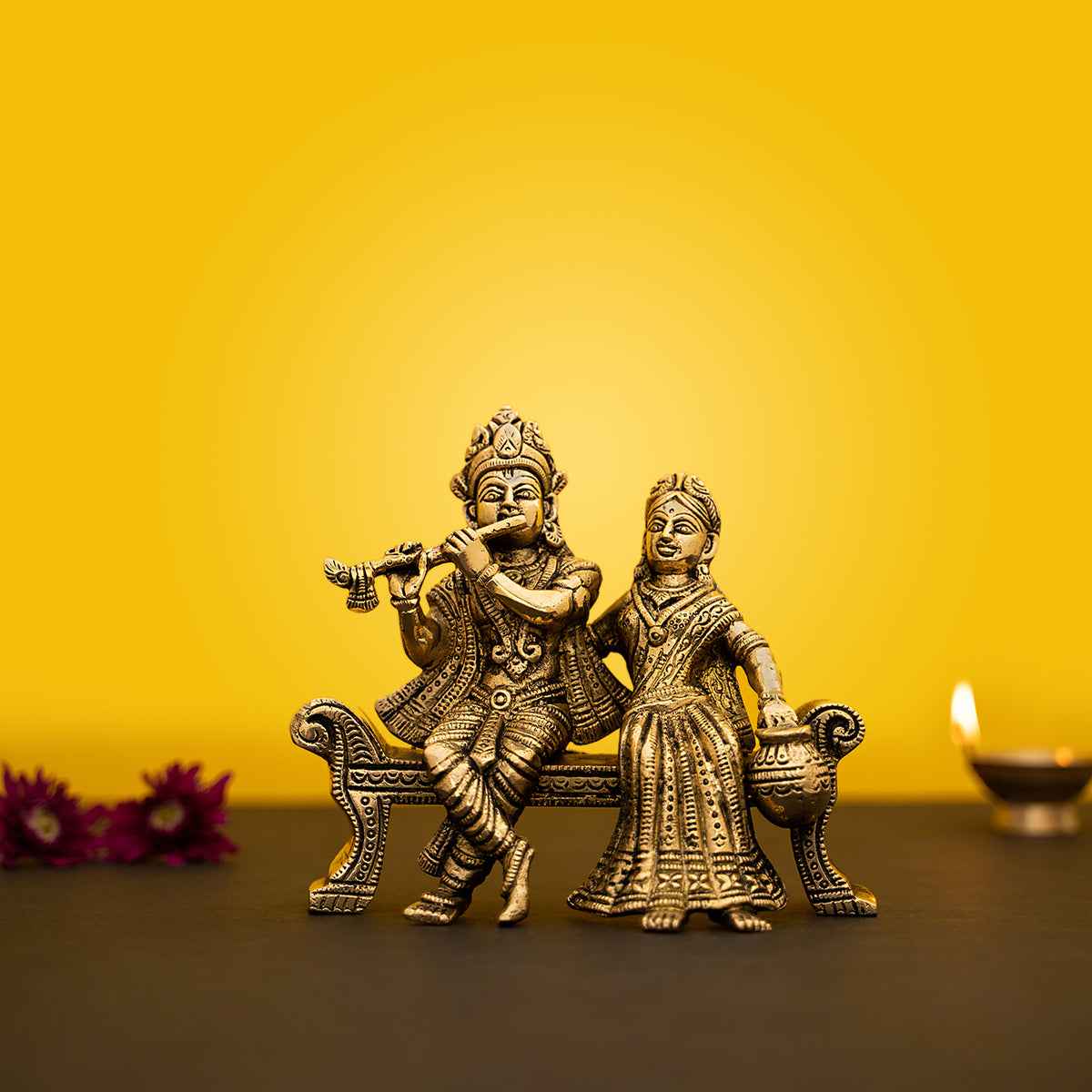 Brass Handcrafted Radha Krishna Sitting Idol/Statue With Flute