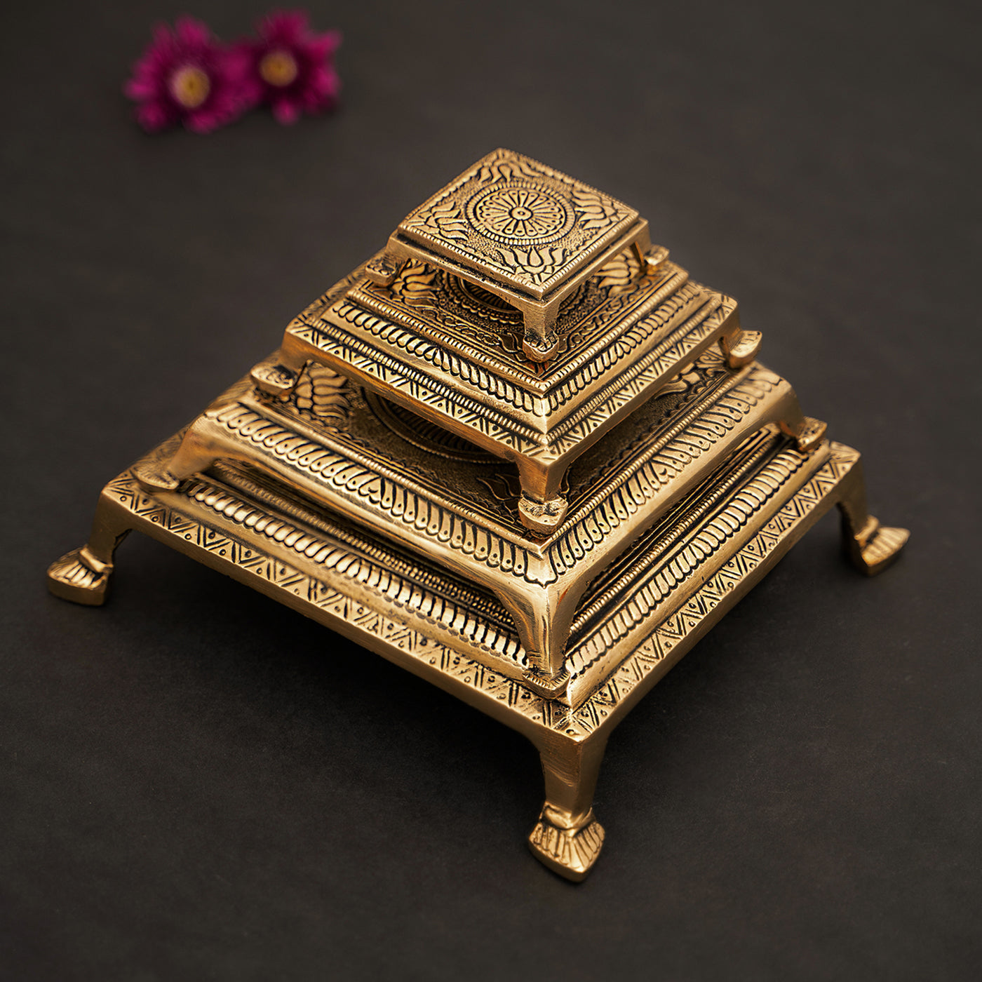 Brass Superfine Square Traditional Pooja Chowki/Stool/Stand - Set of 4
