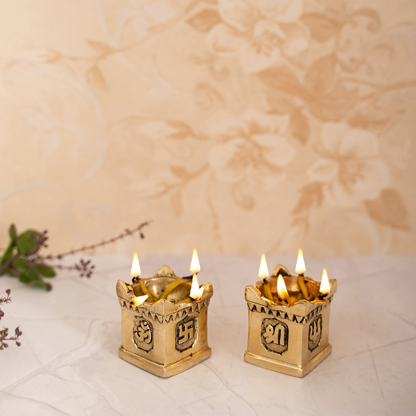 Brass Handcrafted Tulsi Diya Set Of 2 With Gift Box