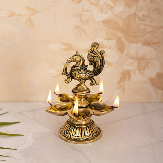 Brass Annapakshi Peacock Diya With 5 Wick