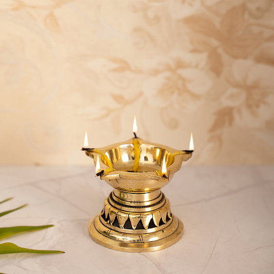 Handcrafted Brass Diya With 5 Wicks For Home, Office Pooja