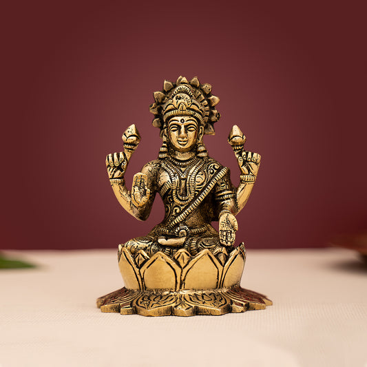 Brass Goddess Lakshmi Sitting on Lotus Idol/Statue