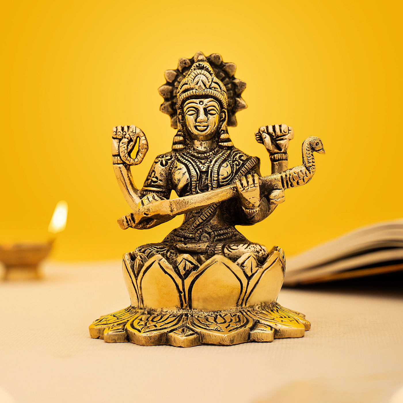 Brass Goddess Saraswati On Lotus Idol/Statue