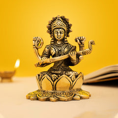 Brass Goddess Saraswati On Lotus Idol/Statue