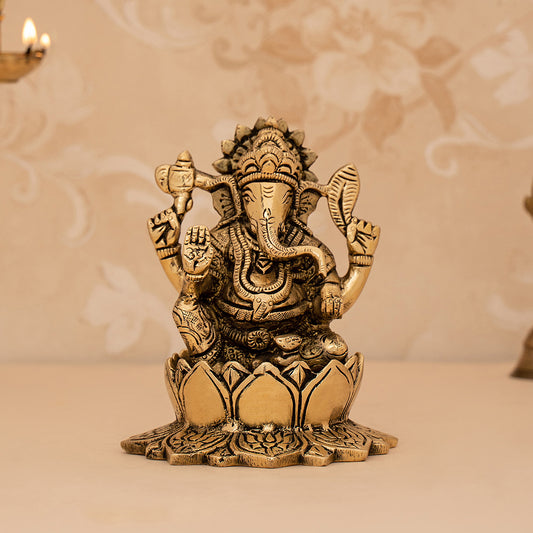 Brass Handcrafted Sitting Ganesha On Lotus Idol/Statue