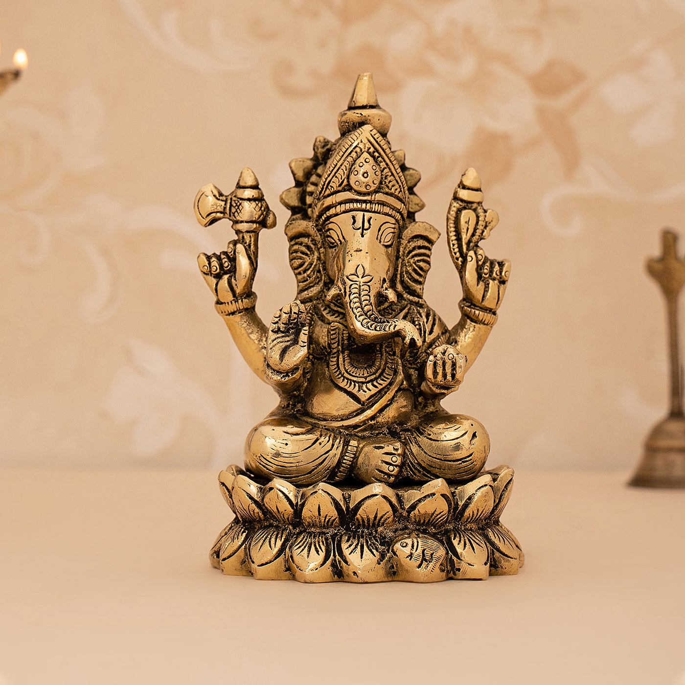 Brass Handcrafted Sitting Ganesha On Lotus Idol/Statue