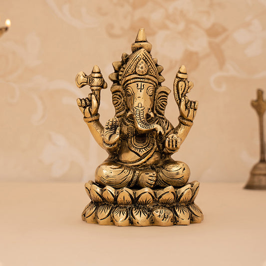 Brass Handcrafted Sitting Ganesha On Lotus Idol/Statue
