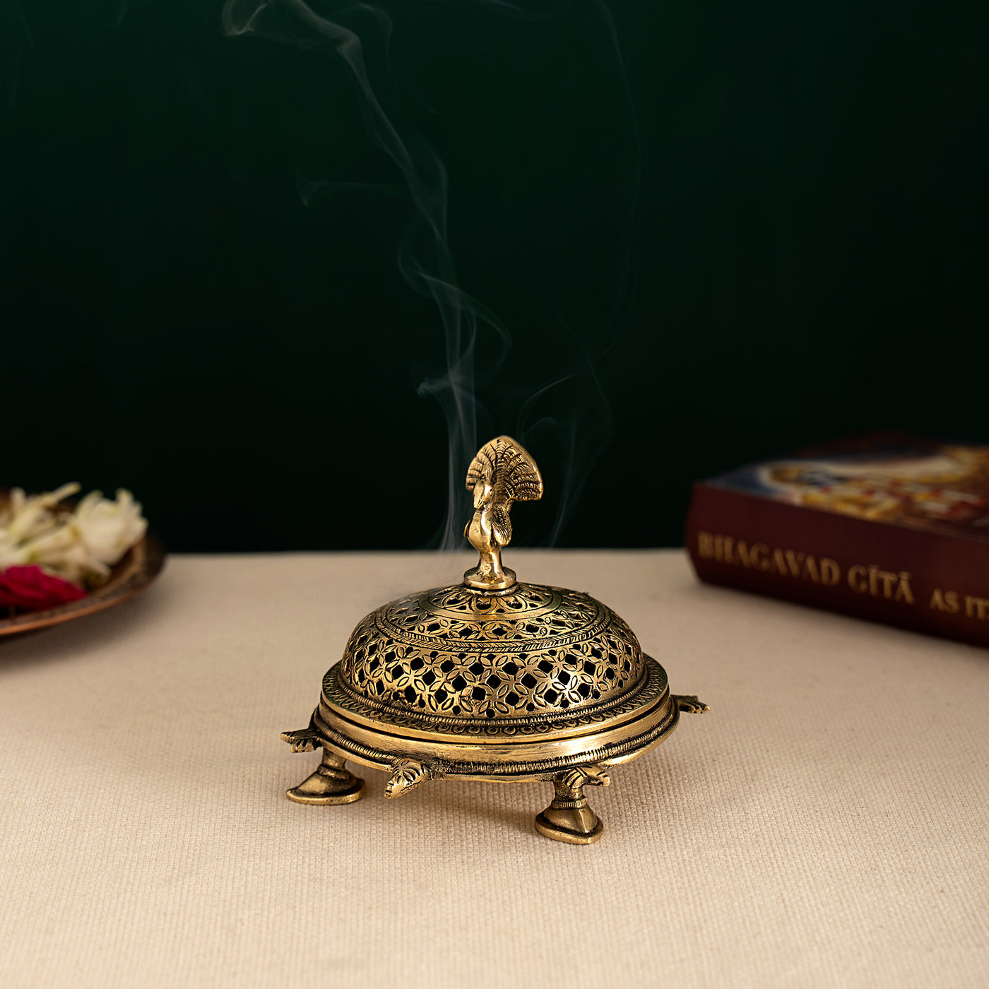 Brass Peacock Incense Burner With Tortoise Base