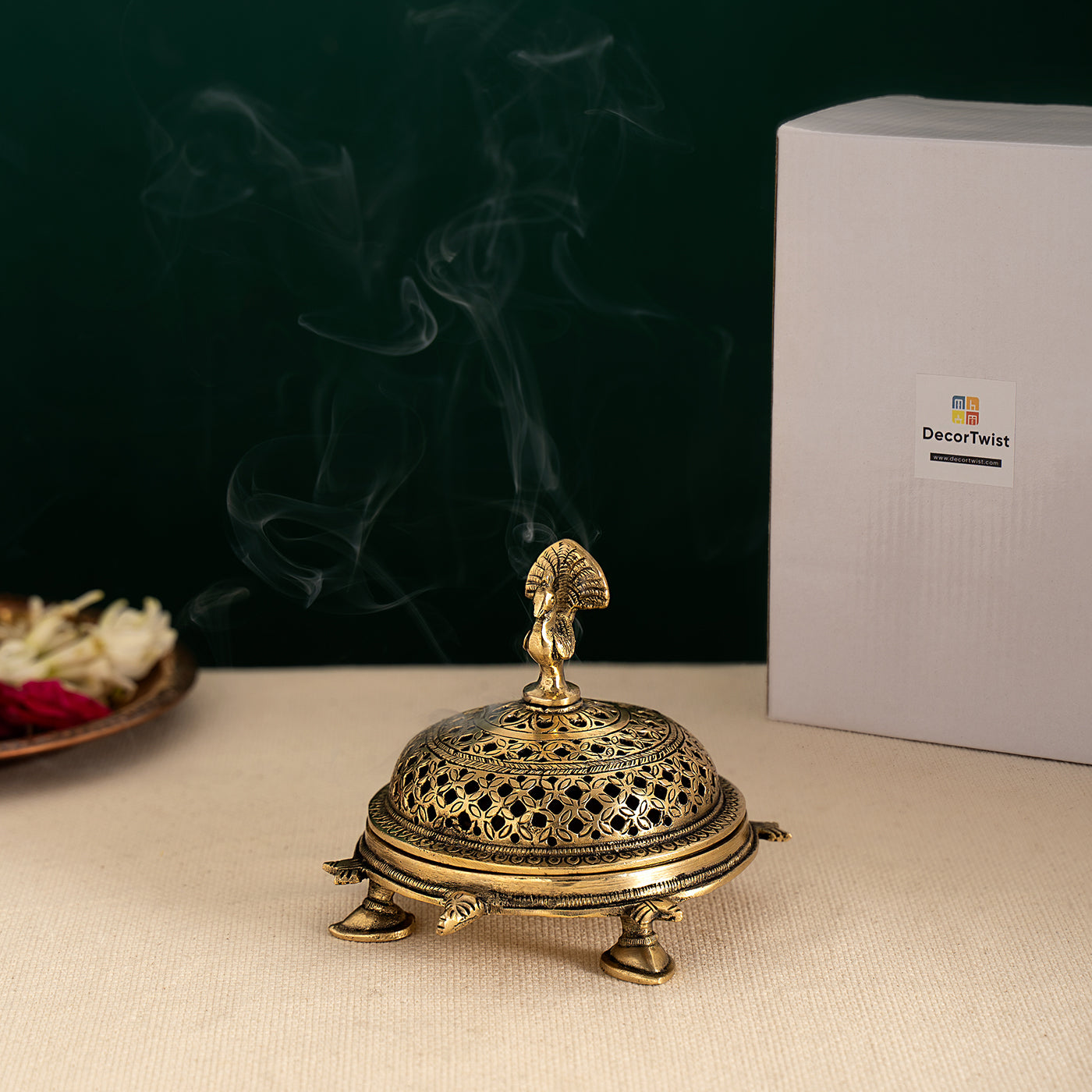 Brass Peacock Incense Burner With Tortoise Base