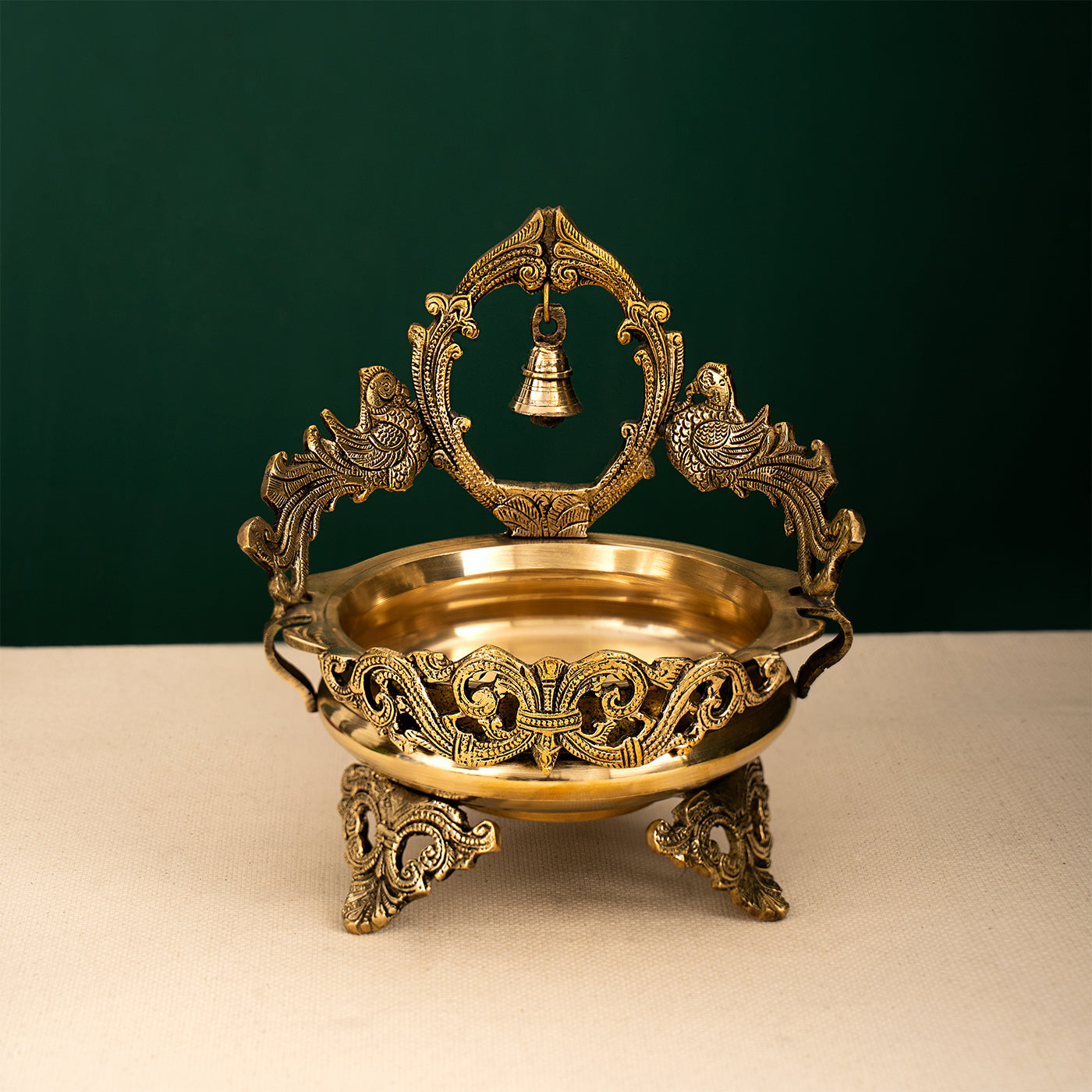 Ethnic Carved Traditional Decorative Brass Bird Urli Bowl with Bell