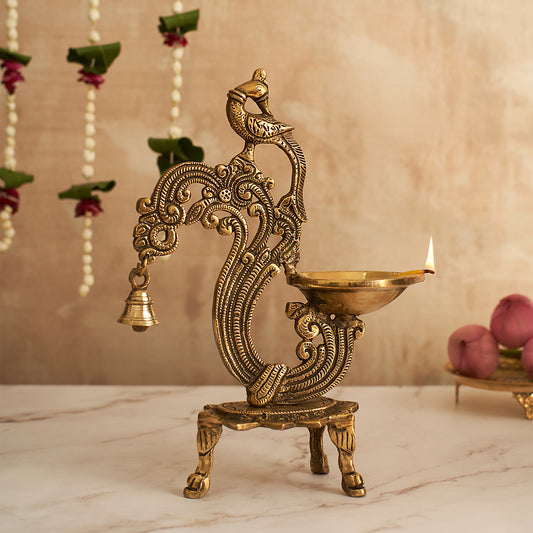 Beautifully Crafted Brass Peacock Diya - A Stunning and Auspicious Piece