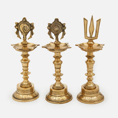 Brass Shank Chakra Namah Diya Lamp Stand Vilakku (Set of 3)