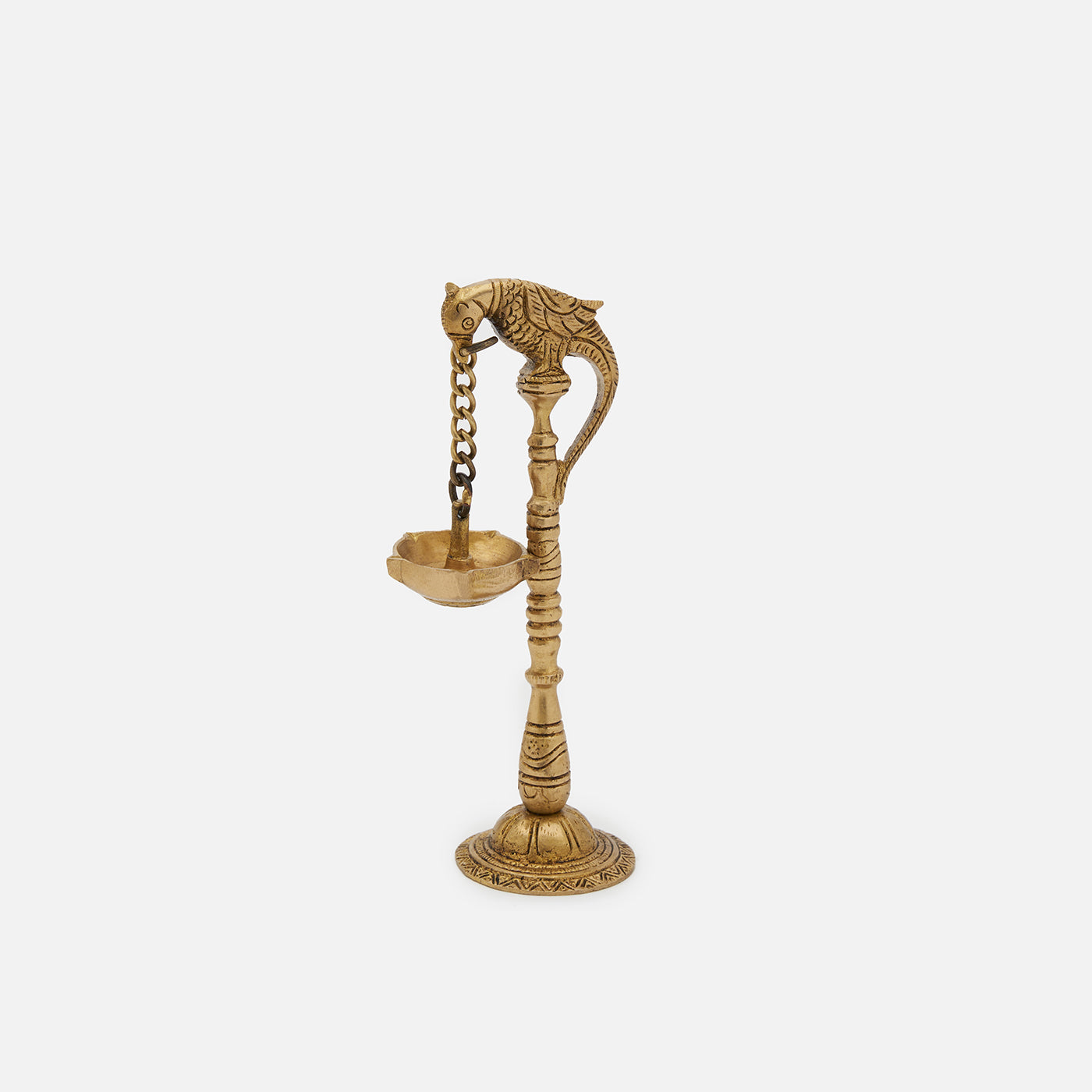 Vintage Brass Parrots With Hanging Oil & Wick Lamps On Chain - Pair