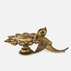 Brass Parrot Bird Design 11 Oil Wick Aarti Diya with Decorative Handle