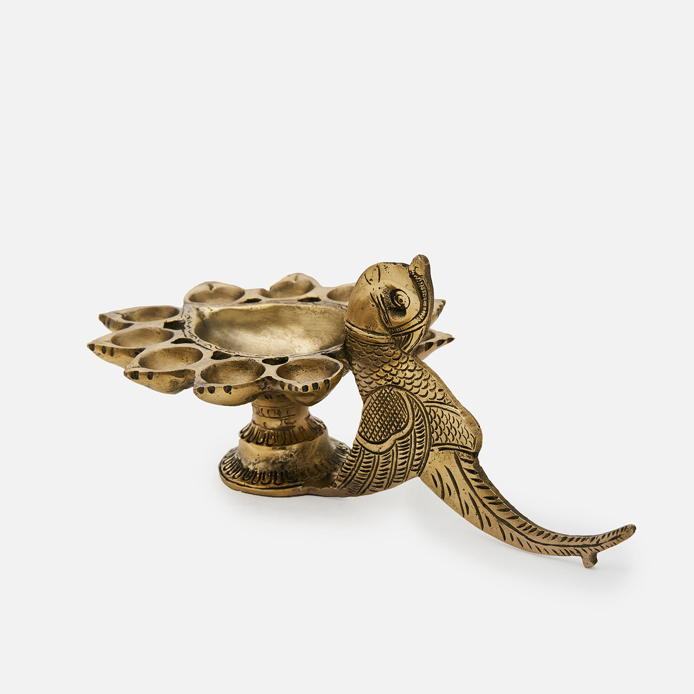 Brass Parrot Bird Design 11 Oil Wick Aarti Diya with Decorative Handle