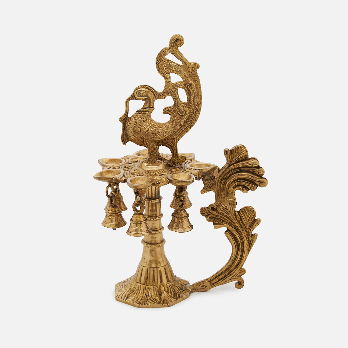 Elegant Brass 7-Face Diya with Antique Finish and Hanging Bells