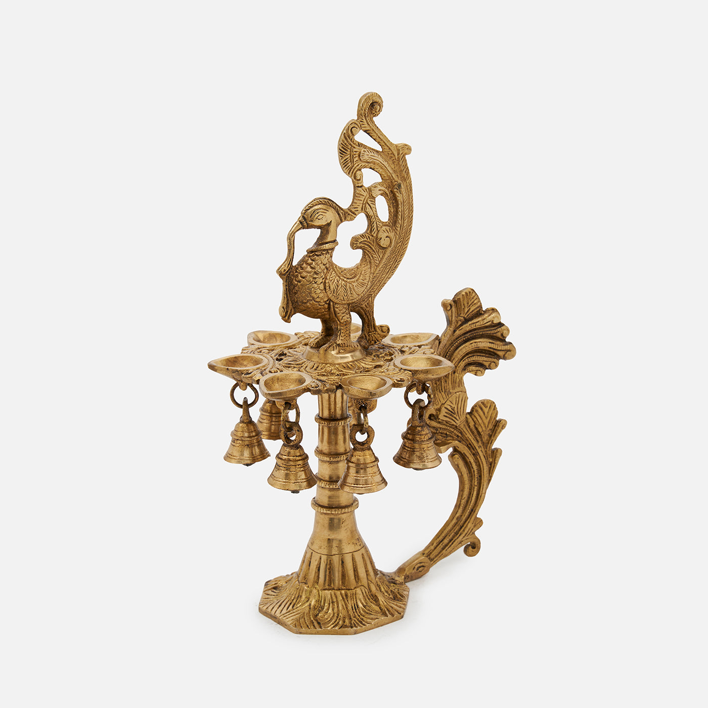 Elegant Brass 7-Face Diya with Antique Finish and Hanging Bells