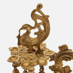 Elegant Brass 7-Face Diya with Antique Finish and Hanging Bells