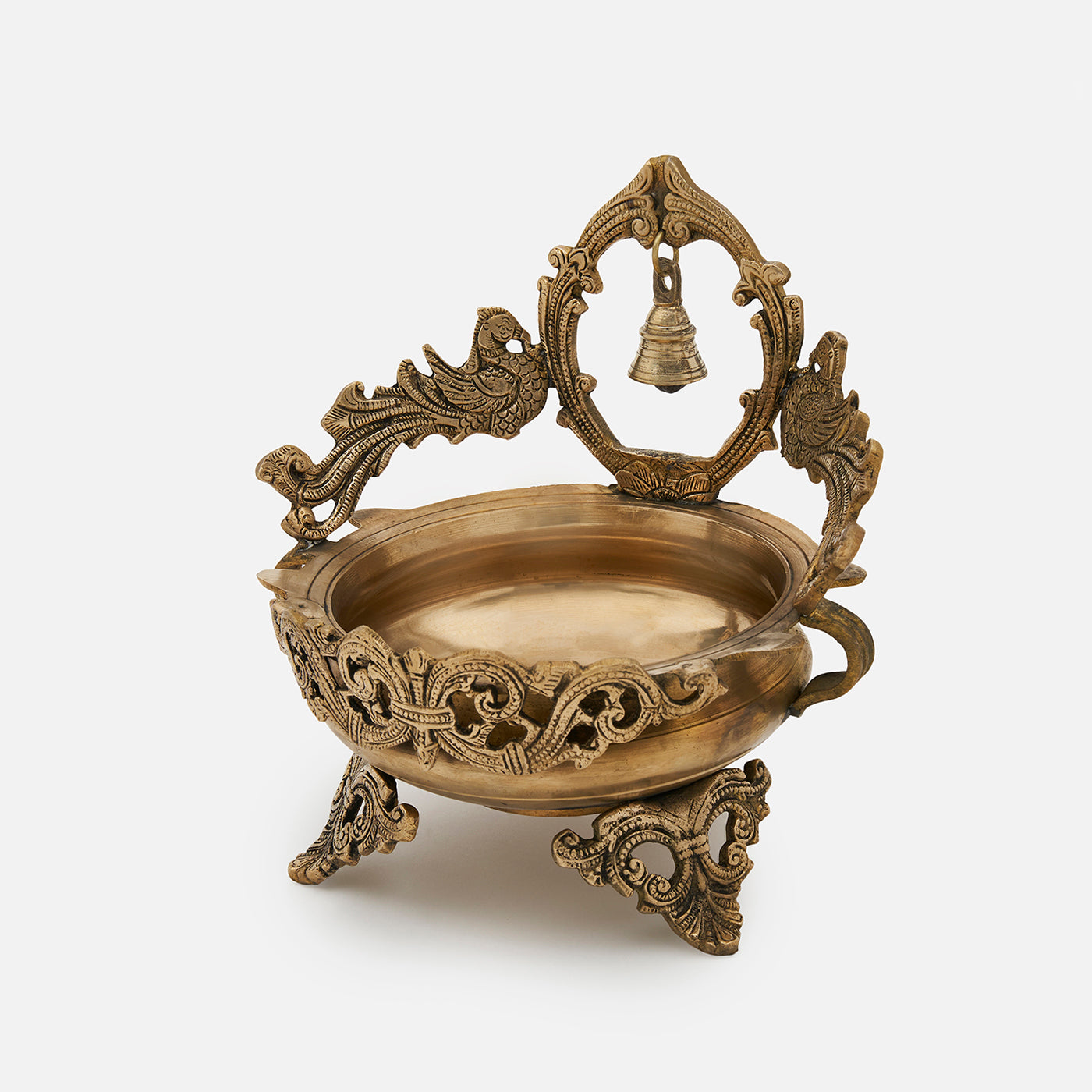 Ethnic Carved Traditional Decorative Brass Bird Urli Bowl with Bell
