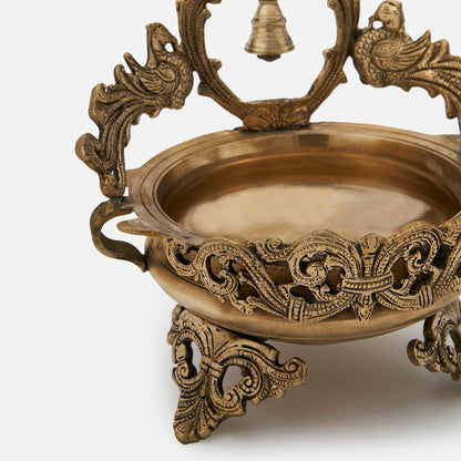 Ethnic Carved Traditional Decorative Brass Bird Urli Bowl with Bell