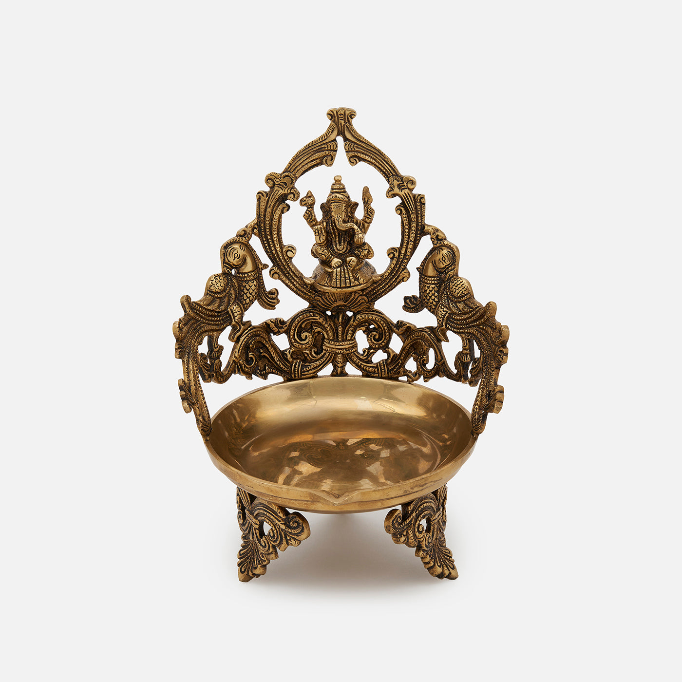 Brass Ganesha Peacock Large Diya/Urli With Antique Finish