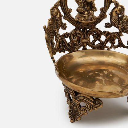 Brass Ganesha Peacock Large Diya/Urli With Antique Finish
