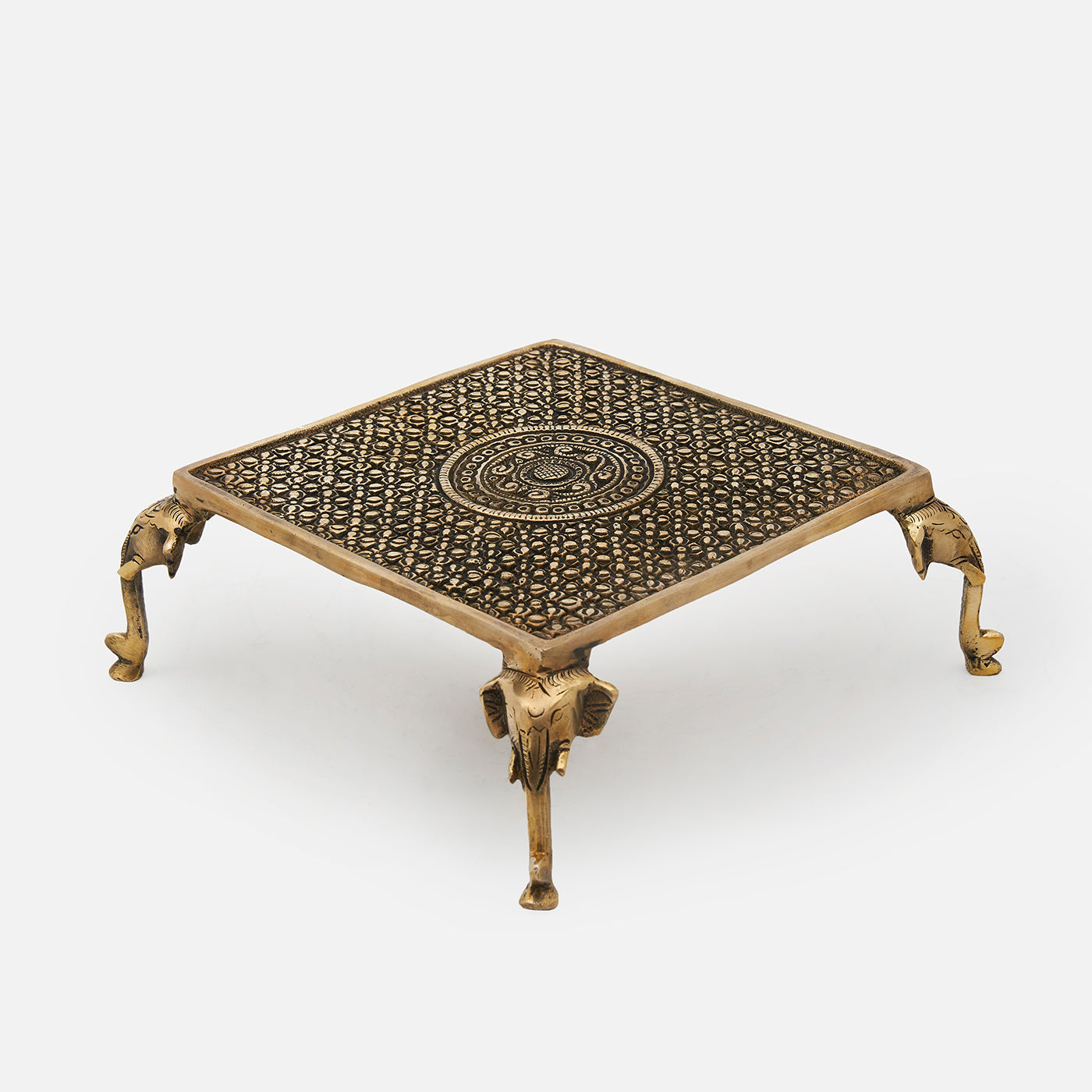 Brass Elephant Leg Designer Puja Chowki (Pedestal)