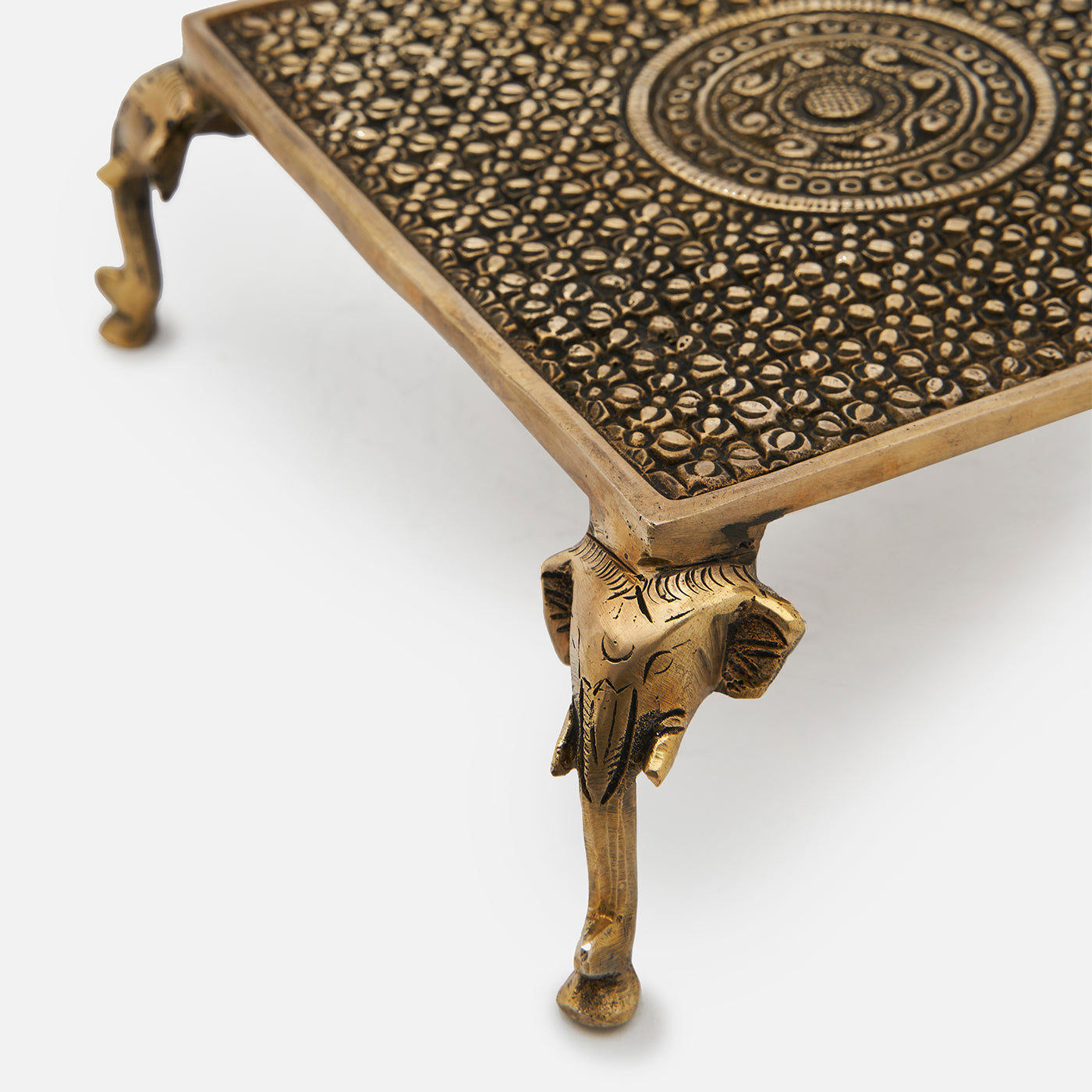 Brass Elephant Leg Designer Puja Chowki (Pedestal)