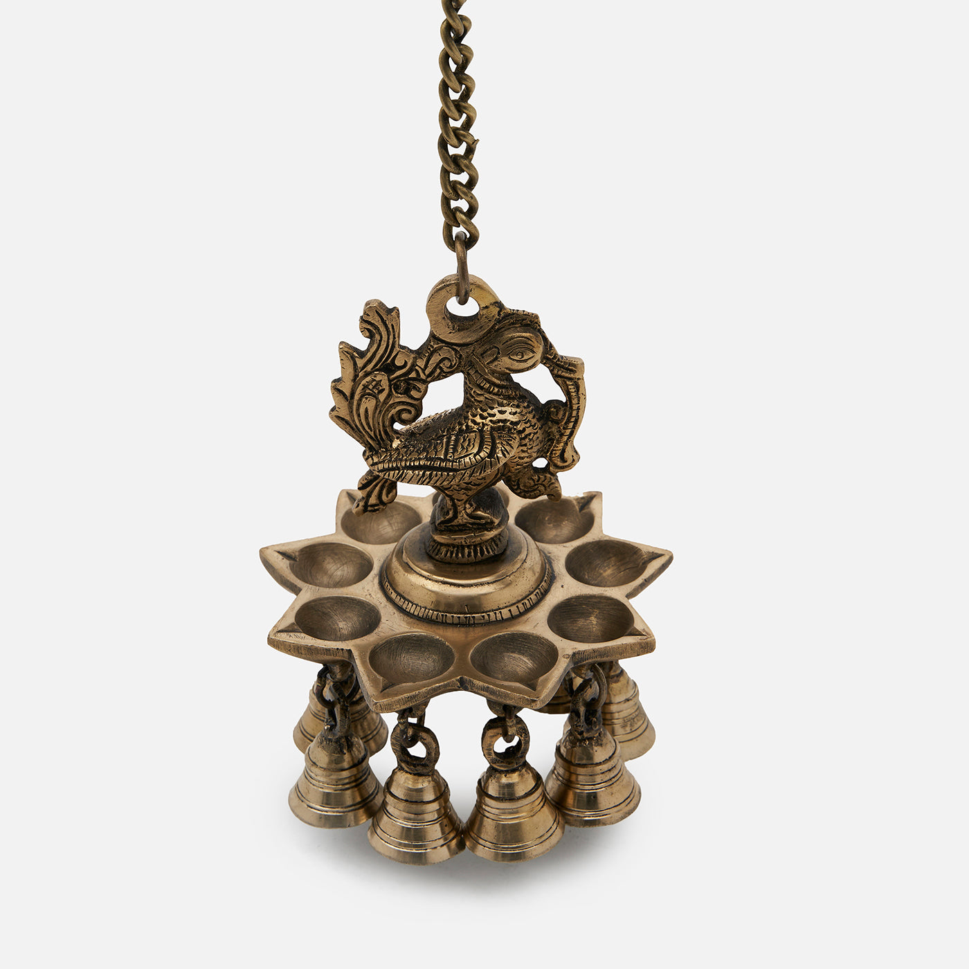 Brass Peacock Diya Bell with Chain Wall Hanging