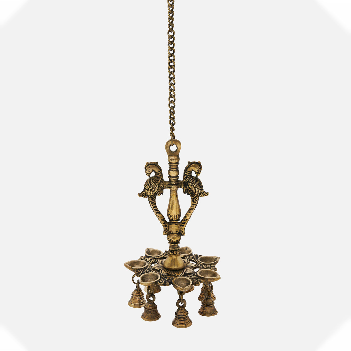 Brass Peacock Parrot Hanging Diya with Bells for Home Temple