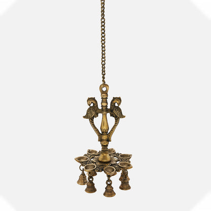 Brass Peacock Parrot Hanging Diya with Bells for Home Temple