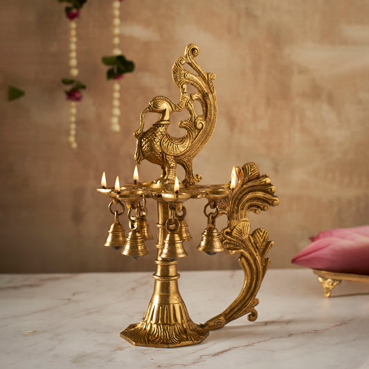 Elegant Brass 7-Face Diya with Antique Finish and Hanging Bells