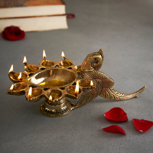 Brass Parrot Bird Design 11 Oil Wick Aarti Diya with Decorative Handle