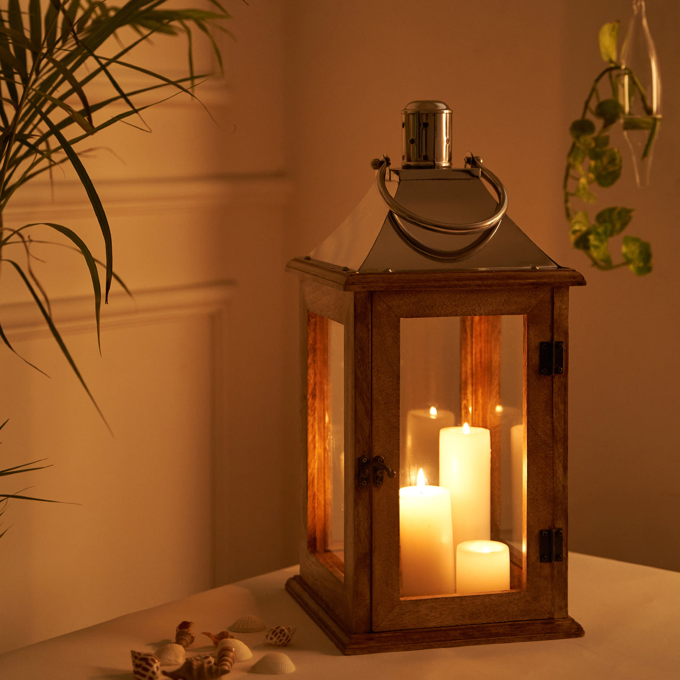 San Diego Natural Wood Candle Lantern With Stainless Steel Silver Metal