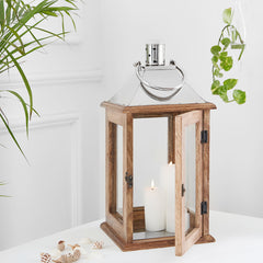 San Diego Natural Wood Candle Lantern With Stainless Steel Silver Metal