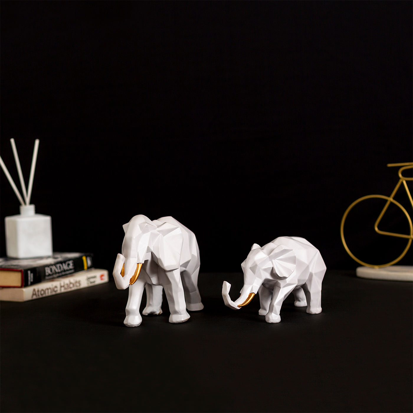 White Geometric Design Elephant Decor Figurine Set of 2