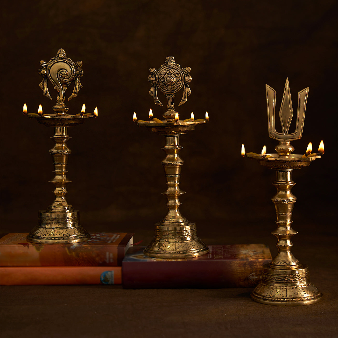 Brass Shank Chakra Namah Diya Lamp Stand Vilakku (Set of 3)