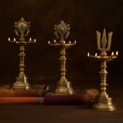 Brass Shank Chakra Namah Diya Lamp Stand Vilakku (Set of 3)
